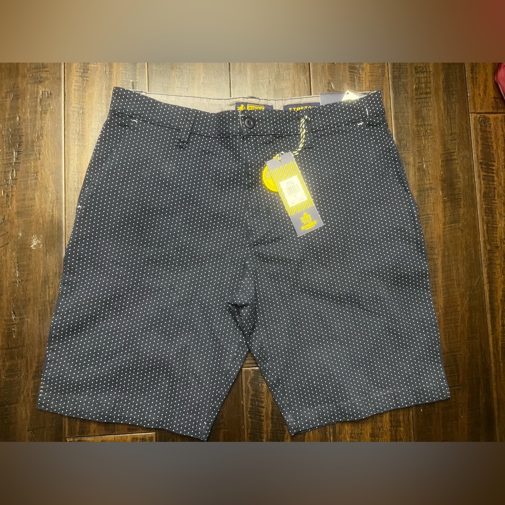 Rugby University Shorts Mens 34 Blue Print Stretch Flat Front Polka Dot New